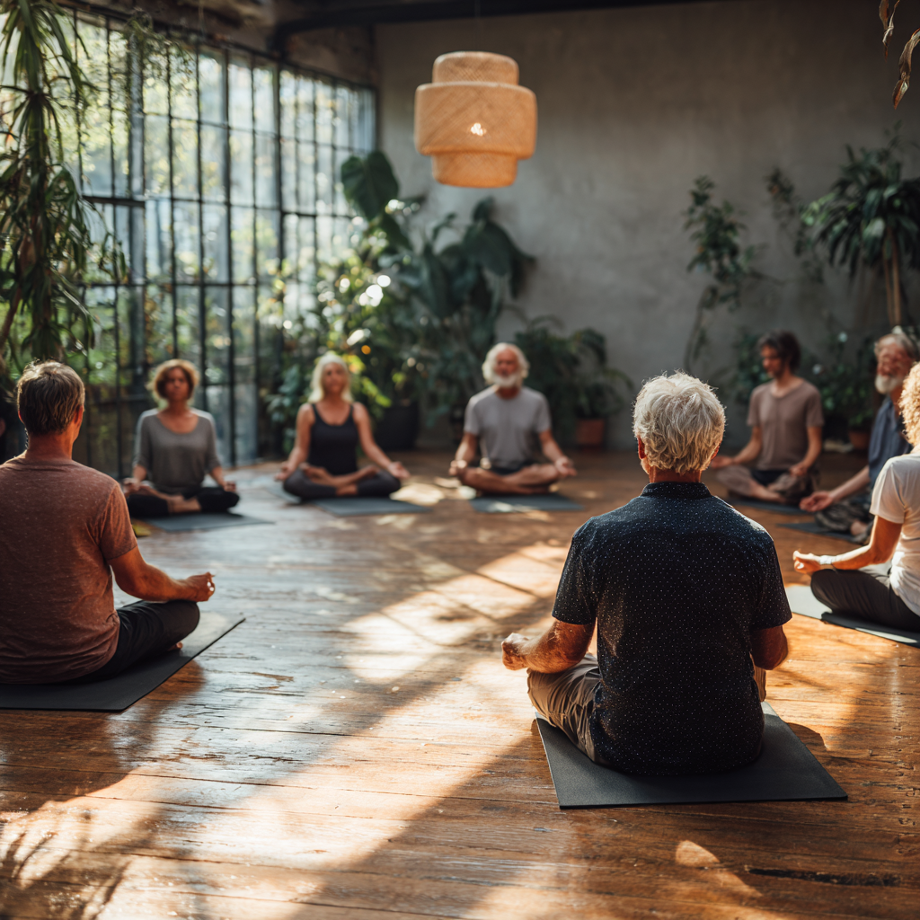 Group of diverse adults aged 45-55 sitting in meditation circle on yoga mats in serene studio with plants and natural light
