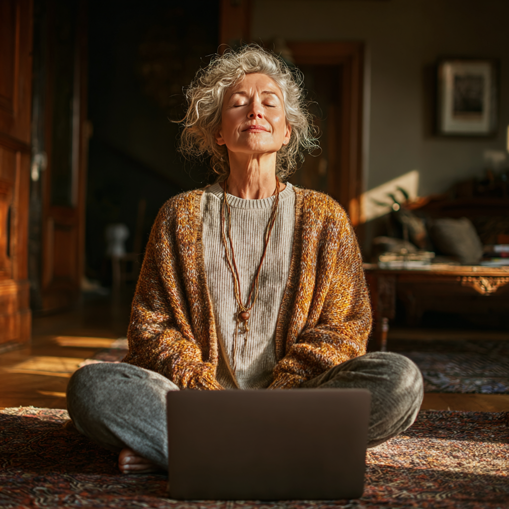 Serene middle-aged woman in her early fifties practicing yoga at home via laptop video call, sitting cross-legged on mat with peaceful expression